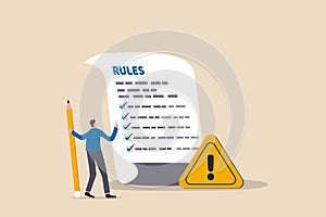 Rules and regulations, policy and guideline for employee to follow, legal term, corporate compliance or laws, standard procedure photo