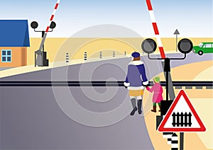 Rules of road. Regulated railway crossing. photo