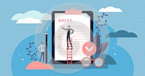 Rules vector illustration. Flat tiny regulations checklist persons concept.