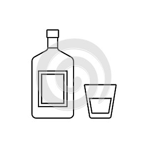 Rum bottle and glass. Outline icons of alcohol beverage. Vector illustration