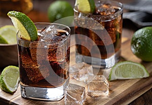 Rum and cola cocktail with sliced lime