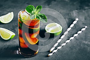 Rum and Cola Cuba Libre ice cold drink cocktail with lime and mint