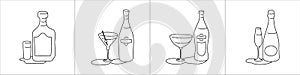 Rum martini vermouth champagne bottle and glass outline icon on white background. Black white cartoon sketch graphic design.