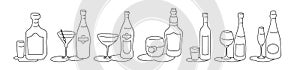 Rum martini vermouth whiskey vodka wine champagne bottle and glass outline icon on white background. Black white cartoon sketch