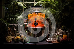 rum punch station with dispensers, garnishes, and ice