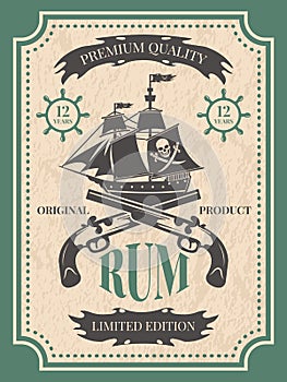 Rum. Vintage label at pirate theme