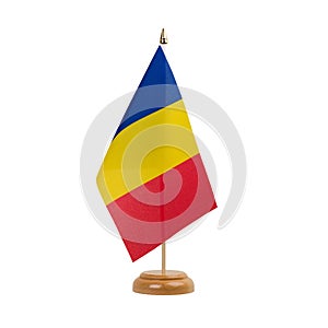 Rumania Flag, small wooden romanian table flag, isolated on white background photo