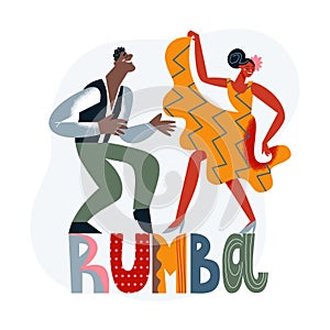 Rumba dance to latin music of couple people, motion of dancers and rumba lettering