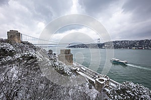 Rumeli Fortress, an old castle with a snow-covered view in winter, Istanbul, TÃÂ¼rkiye. Rumeli Castle with Fatih Sultan Mehmet