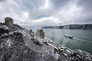 Rumeli Fortress, an old castle with a snow-covered view in winter, Istanbul, TÃÂ¼rkiye. Rumeli Castle with Fatih Sultan Mehmet