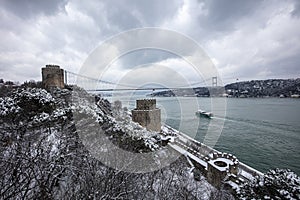 Rumeli Fortress, an old castle with a snow-covered view in winter, Istanbul, TÃÂ¼rkiye. Rumeli Castle with Fatih Sultan Mehmet