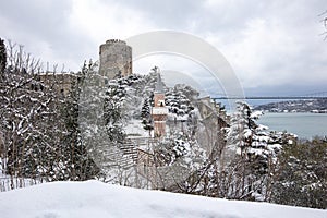 Rumeli Fortress, an old castle with a snow-covered view in winter, Istanbul, TÃÂ¼rkiye. Rumeli Castle with Fatih Sultan Mehmet