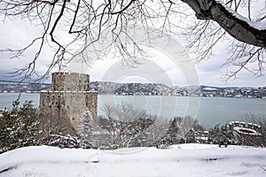 Rumeli Fortress, an old castle with a snow-covered view in winter, Istanbul, TÃÂ¼rkiye. Rumeli Castle with Fatih Sultan Mehmet