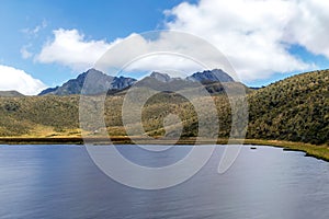 Limpiopungo lake and Ruminahui volcano, Ecuador.