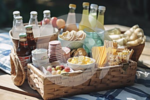 rummage through a picnic basket full of snacks, drinks, and other treats photo