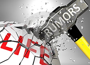 Rumors and destruction of health and life - symbolized by word Rumors and a hammer to show negative aspect of Rumors, 3d
