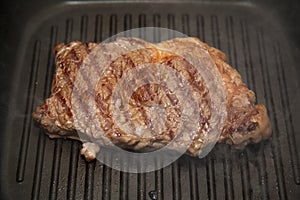 Rump steak cooking in pan