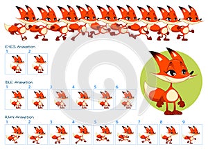 Run, blinking eyes and idle animations of cartoon fox character.