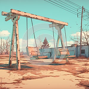 Run down abandoned swingset in a trailer park, cartoon