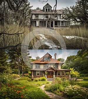 Dilapidated Run-down House Before And After Renovation Construction - Generative AI
