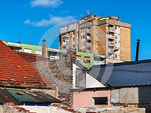 Run-down neighborhood slum as urban decay