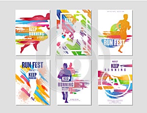 Run fest posters set, sport and competition concept, running marathon, colorful design element for card, banner, print