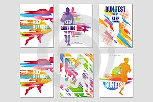 Run fest posters set, sport and competition concept, running marathon, colorful design element for card, banner, print