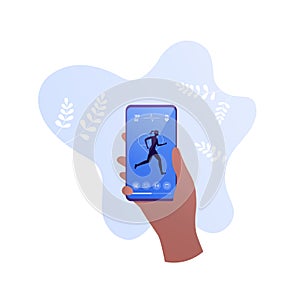 Run fitness app tracker concept. Vector flat illustration. Hand holding smartphone. Female runner silhouette with sport activity