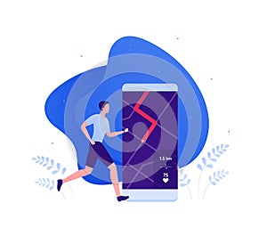 Run fitness app tracker concept. Vector flat illustration. Male runner with smartphone. Navigation map with route on smart phone