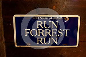 Run Forrest Run, Greenbow, Alabama written on dark blue plate