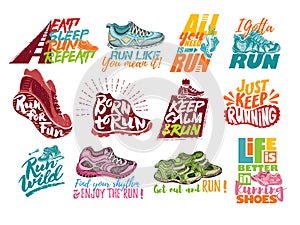 Run lettering on running shoes vector sneakers or trainers with text signs for typography illustration set of runners