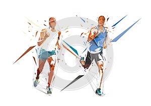 Run. Low polygonal running men, isolated geometric vector illustration from triangles. Group of runners