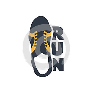 Run Marathon. Sport or Running Club colorful logo with sneakers.