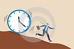 Run out of time, work deadline, time countdown or time management concept, tried businessman running away from falling rolling