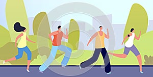 Run in park. Active people crowd, flat man woman running on nature. Outdoor sport exercise, young friends morning
