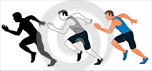 Run sport. Running men line icon and flat style, vector set of isolated silhouettes, line icon and flat style