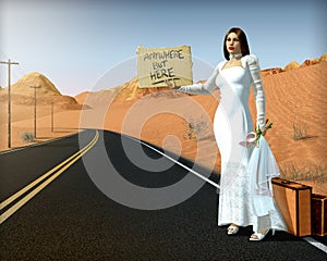 Runaway bride standing on side of road holding sign