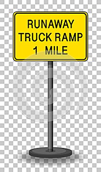 Runaway truck ramp 1 mile traffic warning sign isolated on transparent background