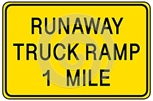 Runaway truck ramp 1 mile warning sign isolated on white background