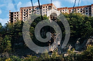 Rundown aerial old cable car in Chiatura. Industrial landmark of Georgia.