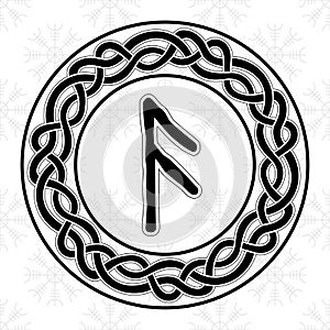 Rune Ansuz in a circle - an ancient Scandinavian symbol or sign, amulet. Viking writing. Hand drawn outline vector illustration