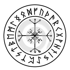 Rune circle Icelandic celtic viking talisman Navigation Compass, frame occult amulet, tribal norse writng isolated on