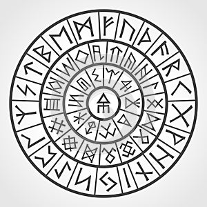 Rune circle. Vector illustration of various futhark viking symbols arranged in a circle. Ancient occult amulet for sacred art. Can