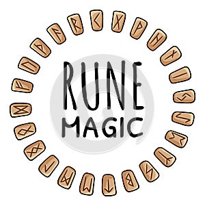 Rune magic. Runic wreath of celtic symbols. Set of wooden runes in a circle composition. Collection of hand drawn doodles of