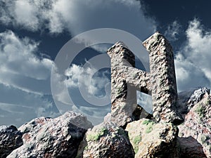 Rune rock under cloudy blue sky - 3d illustration