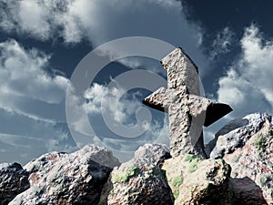 Rune rock under cloudy blue sky