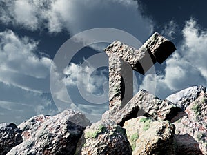 Rune rock under cloudy blue sky