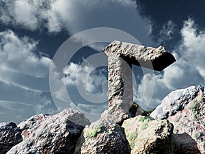 Rune rock under cloudy blue sky