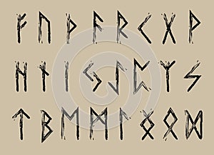 Rune set of letters, runes alphabet. Runic alphabet. Writing ancient. Futhark. Vector illustration photo