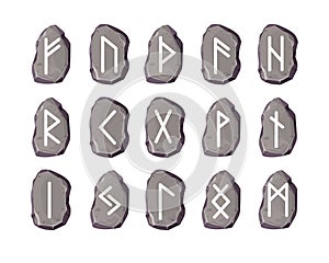 Rune stone set norse magic game symbols,sacred script in cartoon style isolated on white background. Collection